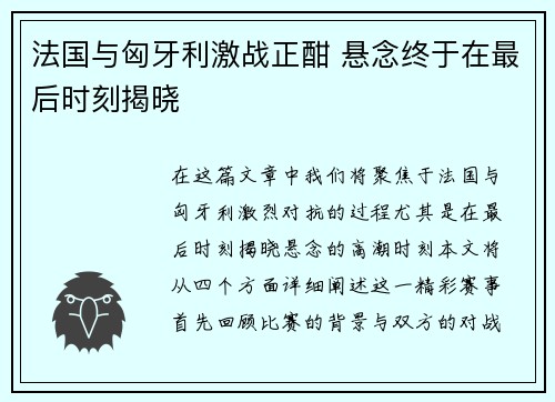 法国与匈牙利激战正酣 悬念终于在最后时刻揭晓