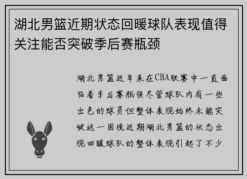 湖北男篮近期状态回暖球队表现值得关注能否突破季后赛瓶颈