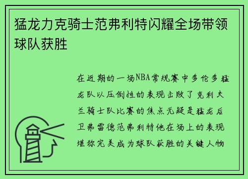 猛龙力克骑士范弗利特闪耀全场带领球队获胜
