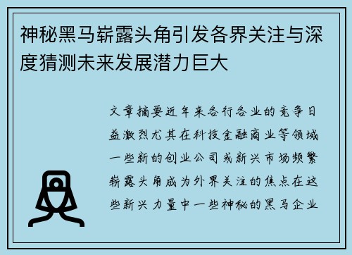 神秘黑马崭露头角引发各界关注与深度猜测未来发展潜力巨大