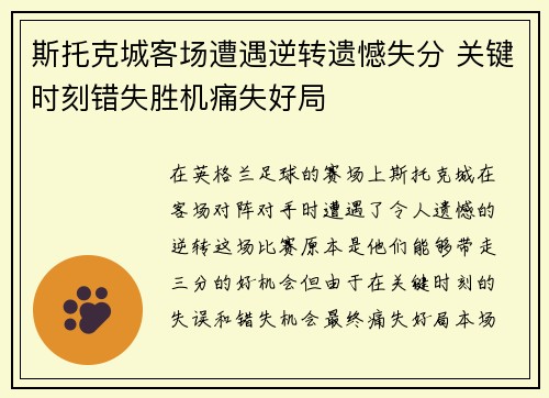 斯托克城客场遭遇逆转遗憾失分 关键时刻错失胜机痛失好局